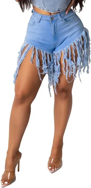 PINSV Women's Denim Shorts Summer High Waisted Frayed Raw Hem Ripped Tassels Sexy Short Pants Jeans