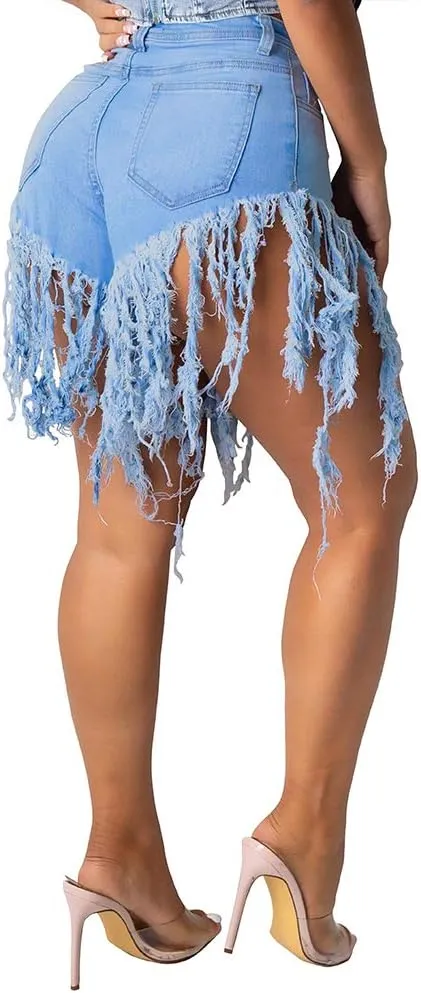 PINSV Women's Denim Shorts Summer High Waisted Frayed Raw Hem Ripped Tassels Sexy Short Pants Jeans