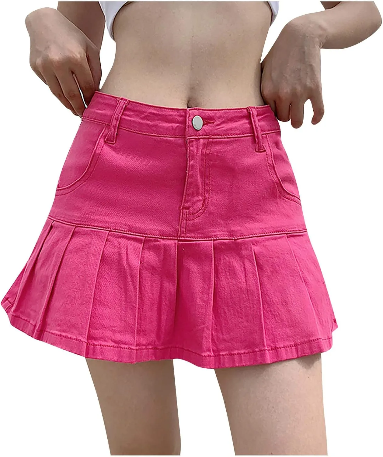 Pleated Skirts for Women Mid Waist Mini Jean Skirts Trendy Sweet Flare Hem A-Line Skirt Casual Comfy Denim Skirt