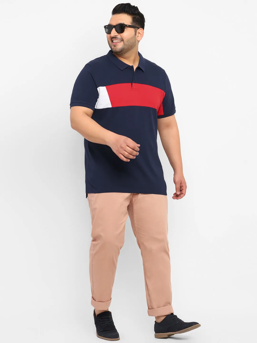 Plus Men's Navy Blue, Red, White Colour-Block Regular Fit Half Sleeve Cotton Polo T-Shirt