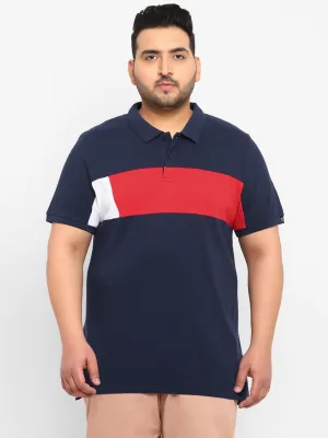 Plus Men's Navy Blue, Red, White Colour-Block Regular Fit Half Sleeve Cotton Polo T-Shirt
