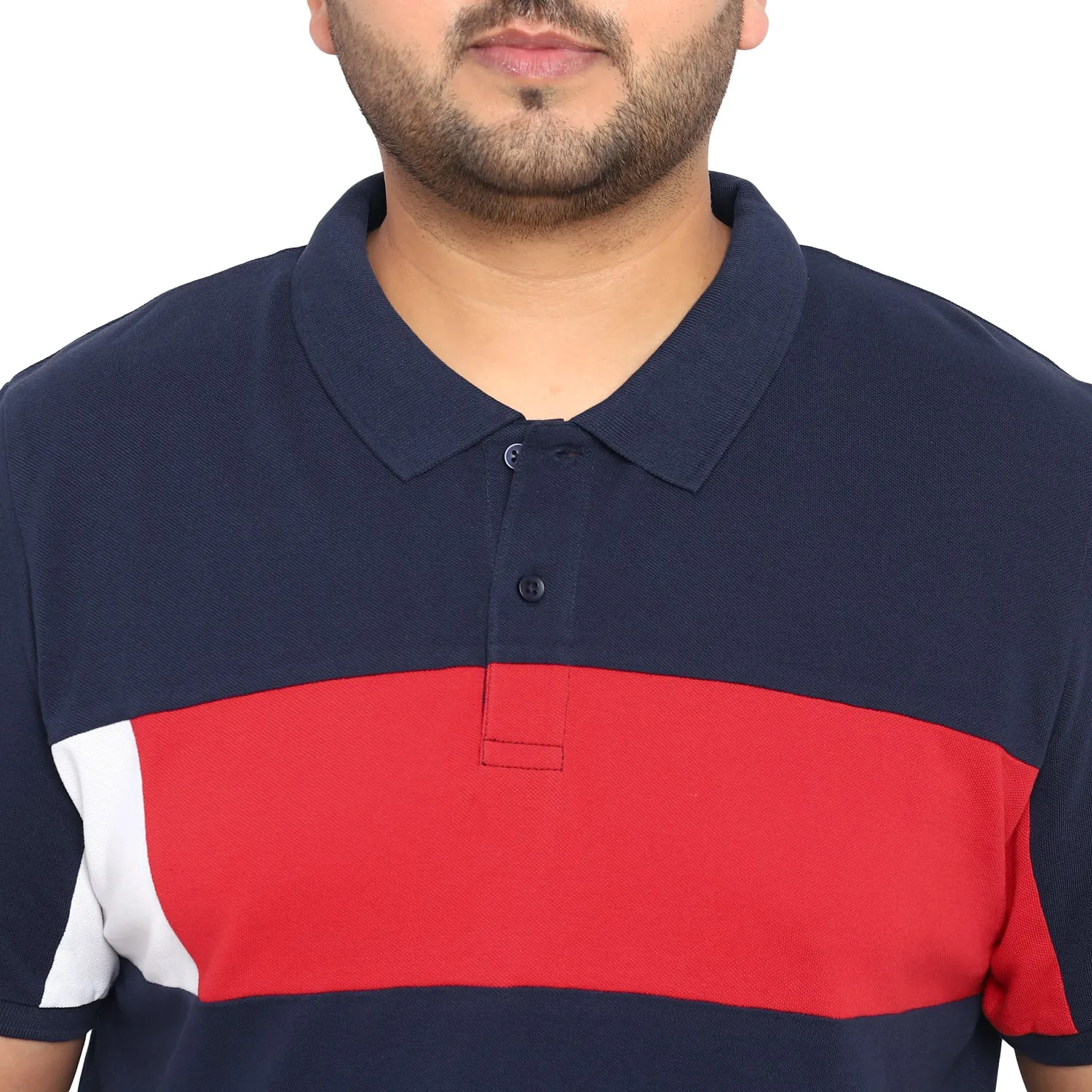 Plus Men's Navy Blue, Red, White Colour-Block Regular Fit Half Sleeve Cotton Polo T-Shirt