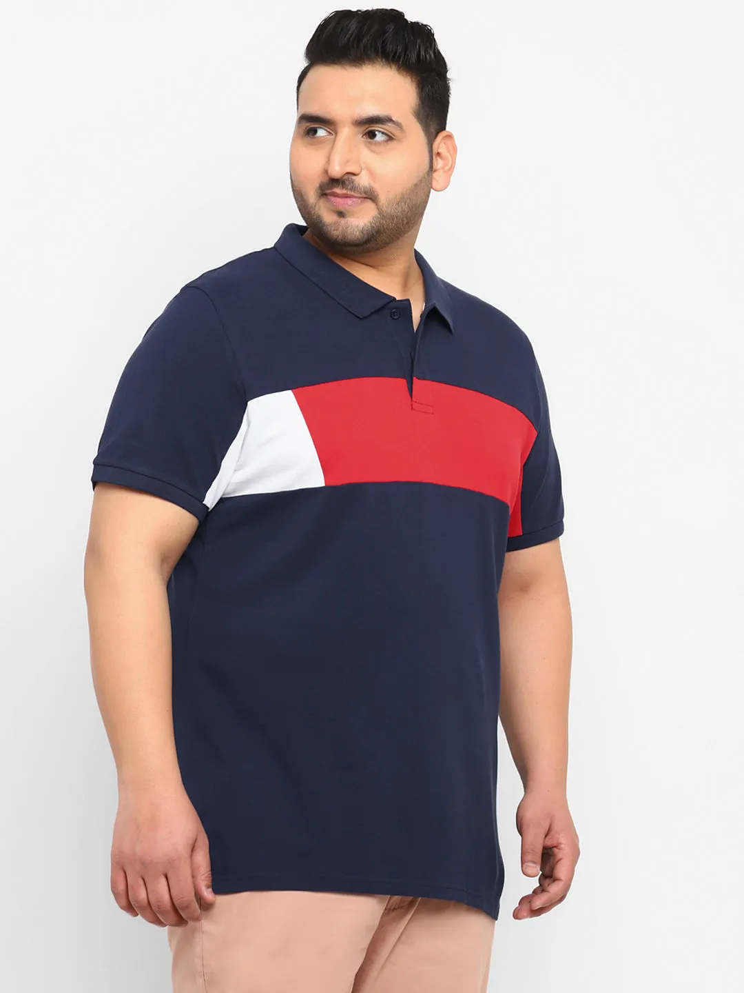 Plus Men's Navy Blue, Red, White Colour-Block Regular Fit Half Sleeve Cotton Polo T-Shirt
