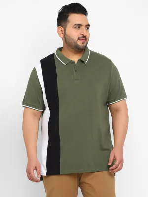 Plus Men's Olive, White, Black Colour-Block Regular Fit Half Sleeve Cotton Polo T-Shirt