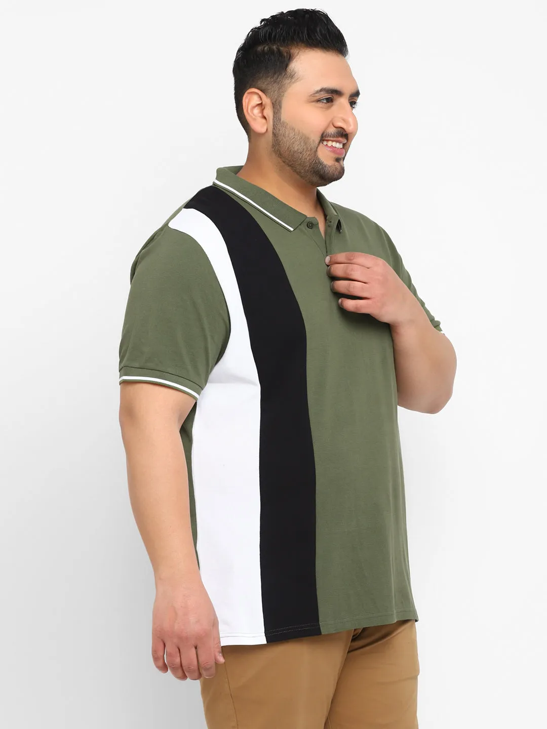 Plus Men's Olive, White, Black Colour-Block Regular Fit Half Sleeve Cotton Polo T-Shirt