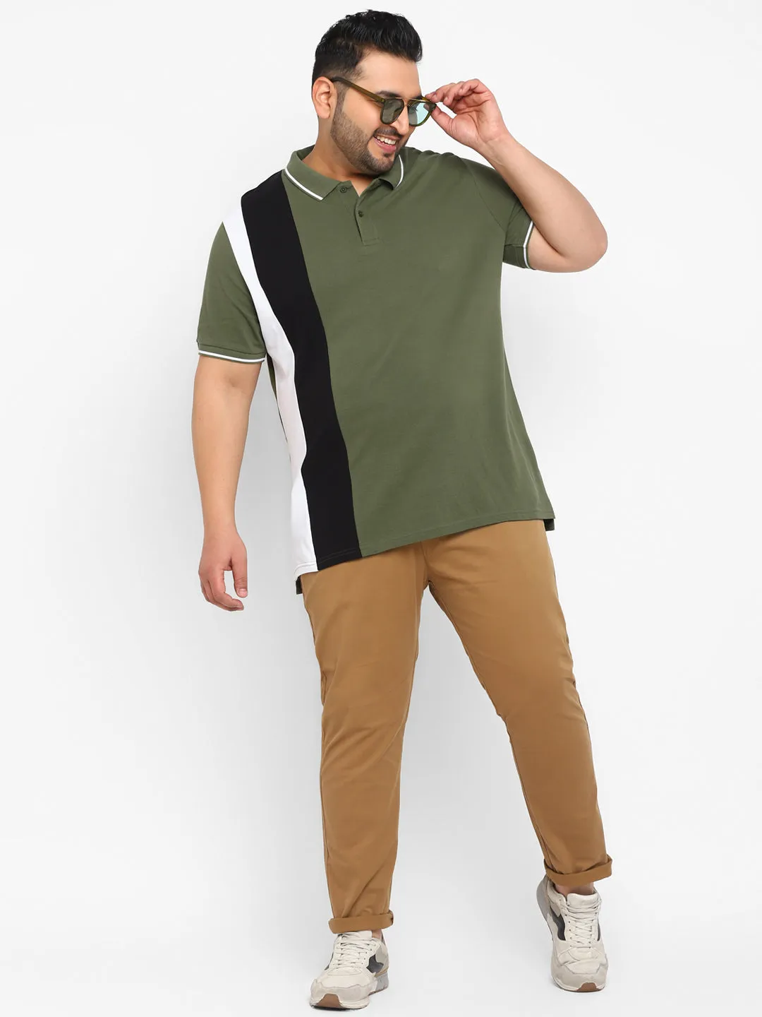 Plus Men's Olive, White, Black Colour-Block Regular Fit Half Sleeve Cotton Polo T-Shirt