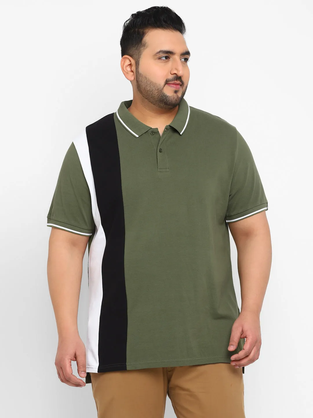Plus Men's Olive, White, Black Colour-Block Regular Fit Half Sleeve Cotton Polo T-Shirt