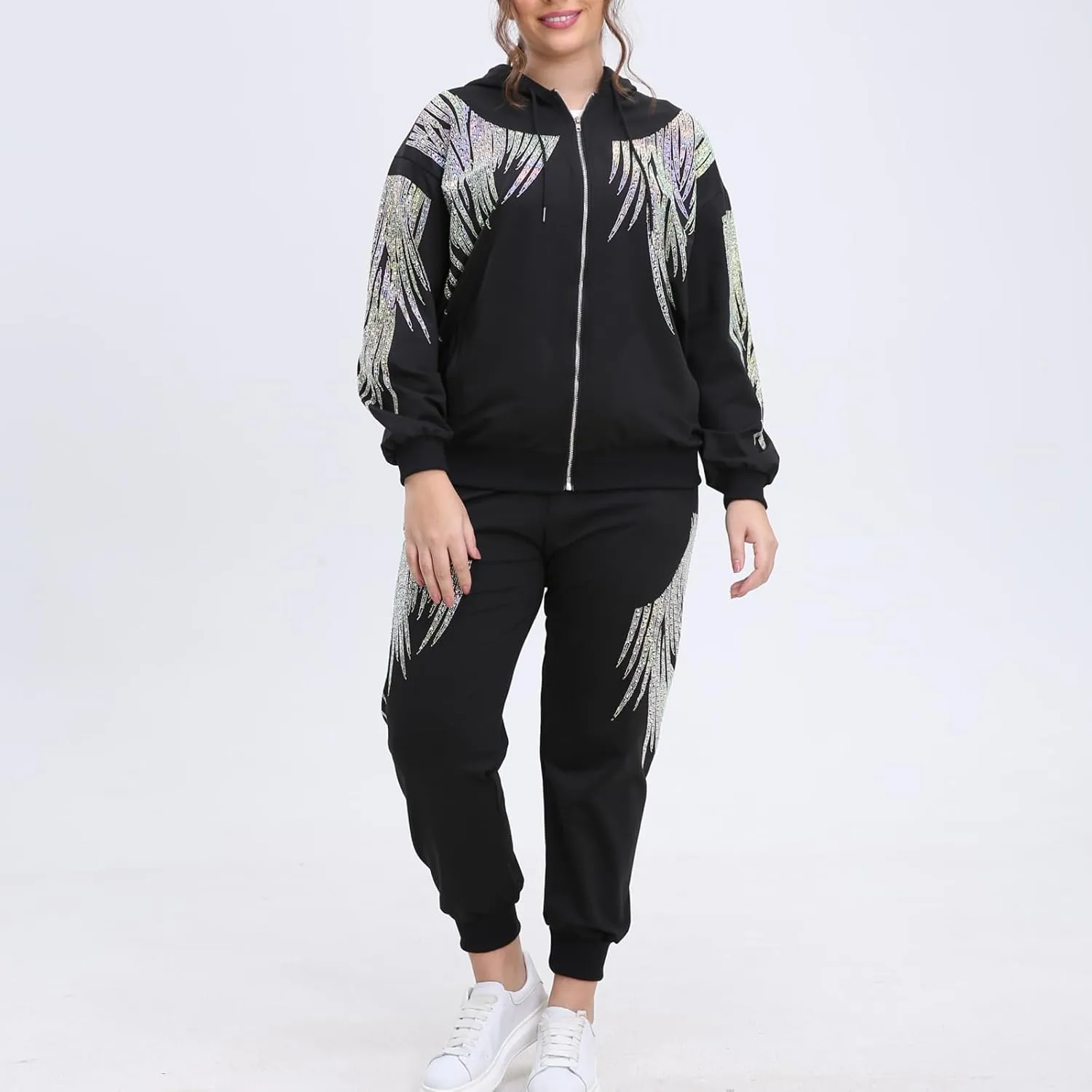 Plus Size Black Zip Up Hoodie for Women Rhinestone Graphic Oversized Fall Y2k Jacket with Pocket
