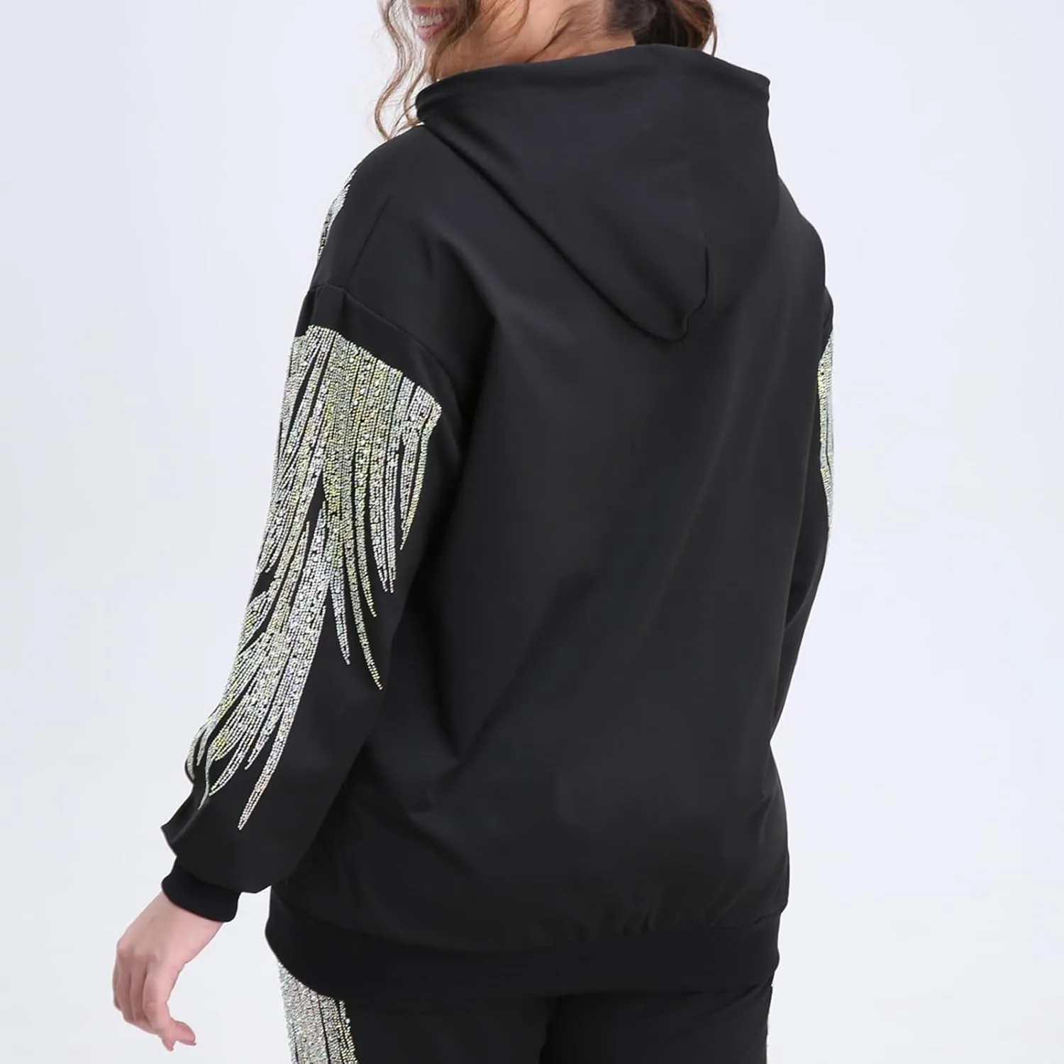 Plus Size Black Zip Up Hoodie for Women Rhinestone Graphic Oversized Fall Y2k Jacket with Pocket