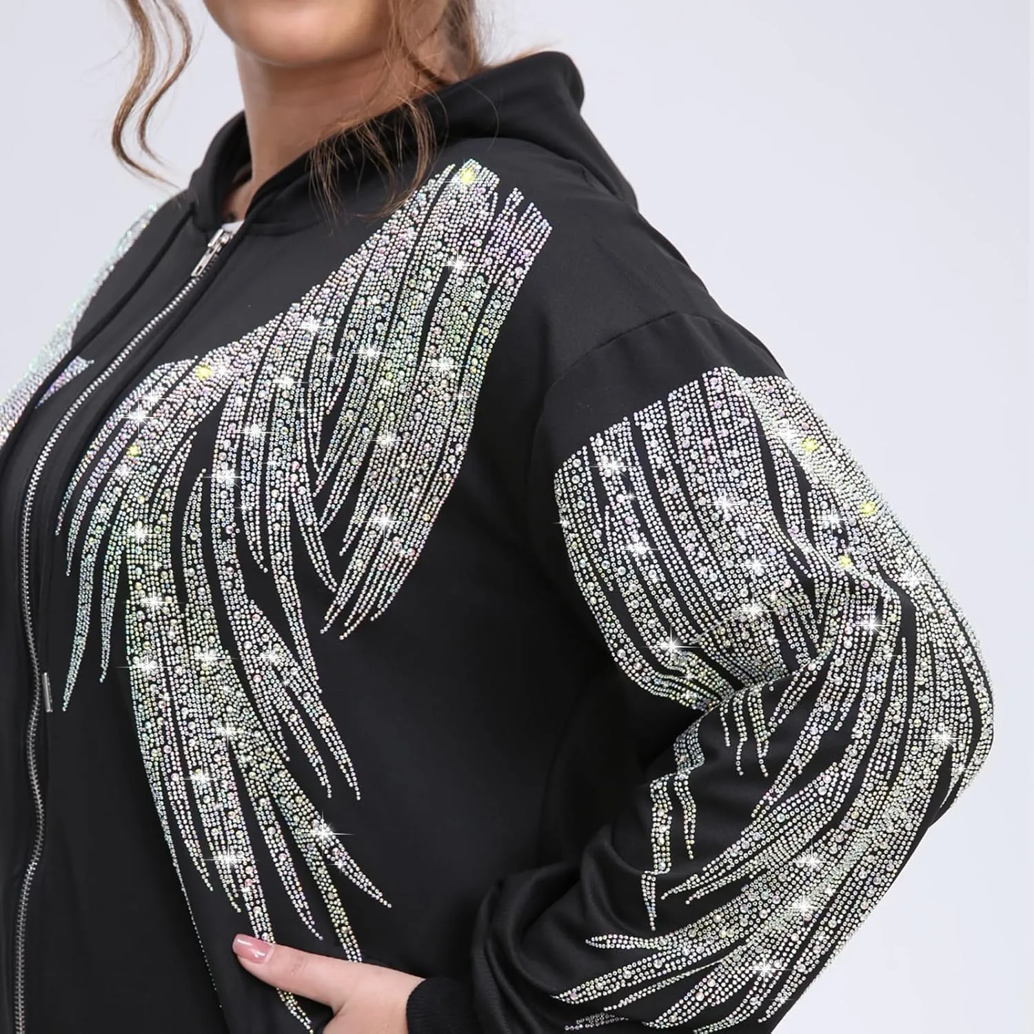 Plus Size Black Zip Up Hoodie for Women Rhinestone Graphic Oversized Fall Y2k Jacket with Pocket