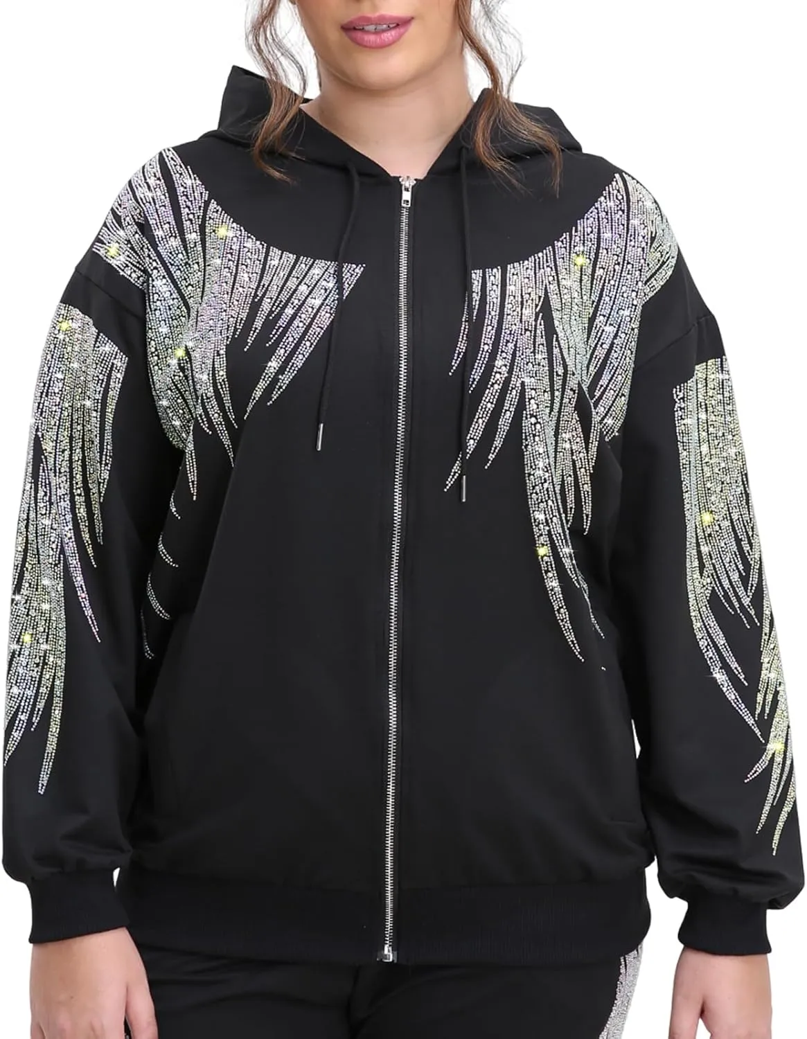 Plus Size Black Zip Up Hoodie for Women Rhinestone Graphic Oversized Fall Y2k Jacket with Pocket