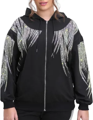 Plus Size Black Zip Up Hoodie for Women Rhinestone Graphic Oversized Fall Y2k Jacket with Pocket