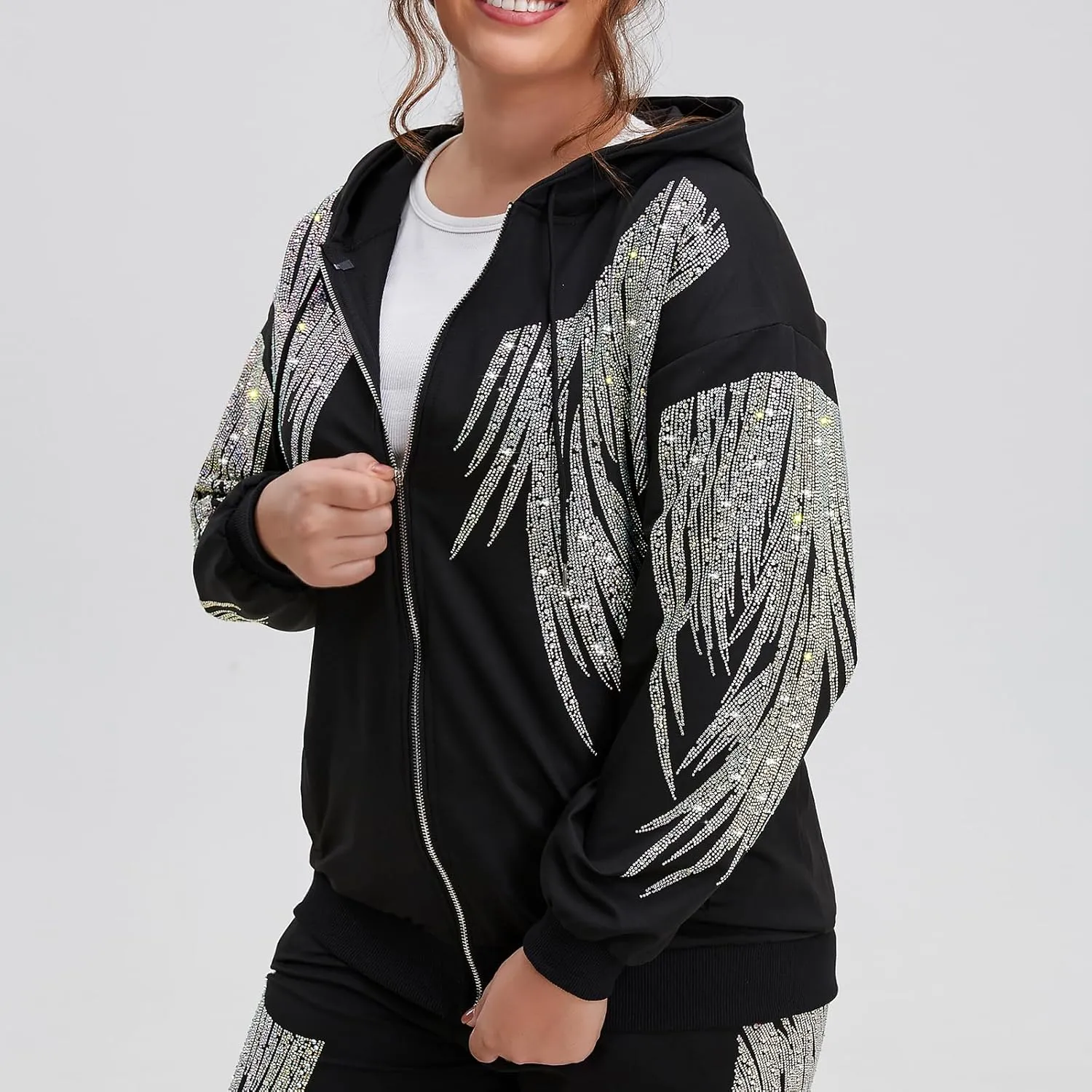 Plus Size Black Zip Up Hoodie for Women Rhinestone Graphic Oversized Fall Y2k Jacket with Pocket