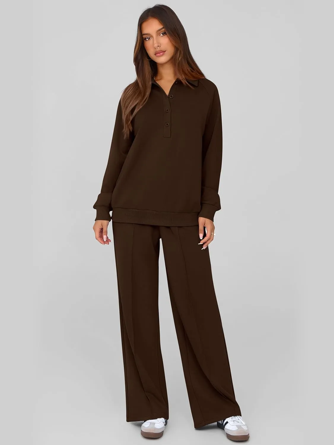 PRETTYGARDEN Women Fall 2 Piece Outfits Sweatsuits Quarter Button Long Sleeve Sweatshirt Wide Leg Pants Tracksuit Lounge Sets