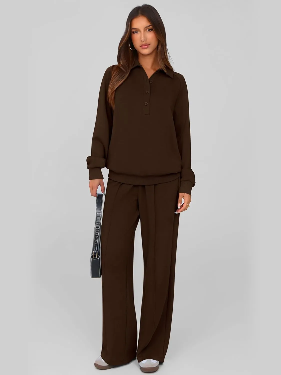 PRETTYGARDEN Women Fall 2 Piece Outfits Sweatsuits Quarter Button Long Sleeve Sweatshirt Wide Leg Pants Tracksuit Lounge Sets