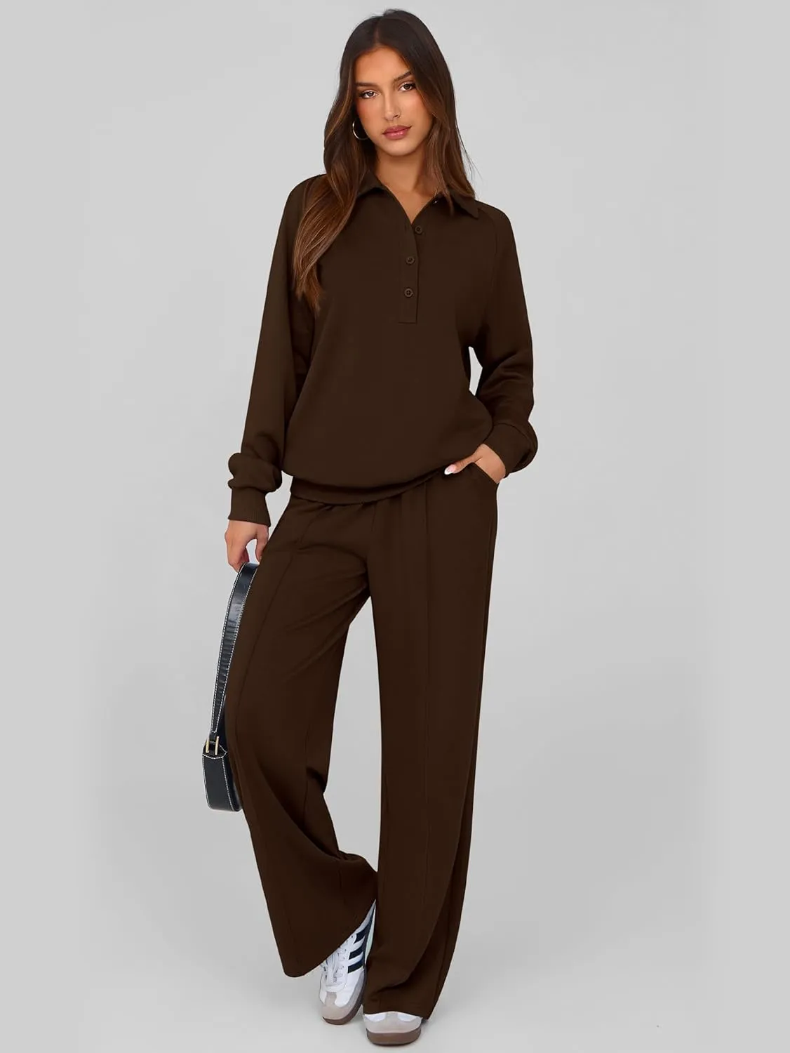 PRETTYGARDEN Women Fall 2 Piece Outfits Sweatsuits Quarter Button Long Sleeve Sweatshirt Wide Leg Pants Tracksuit Lounge Sets