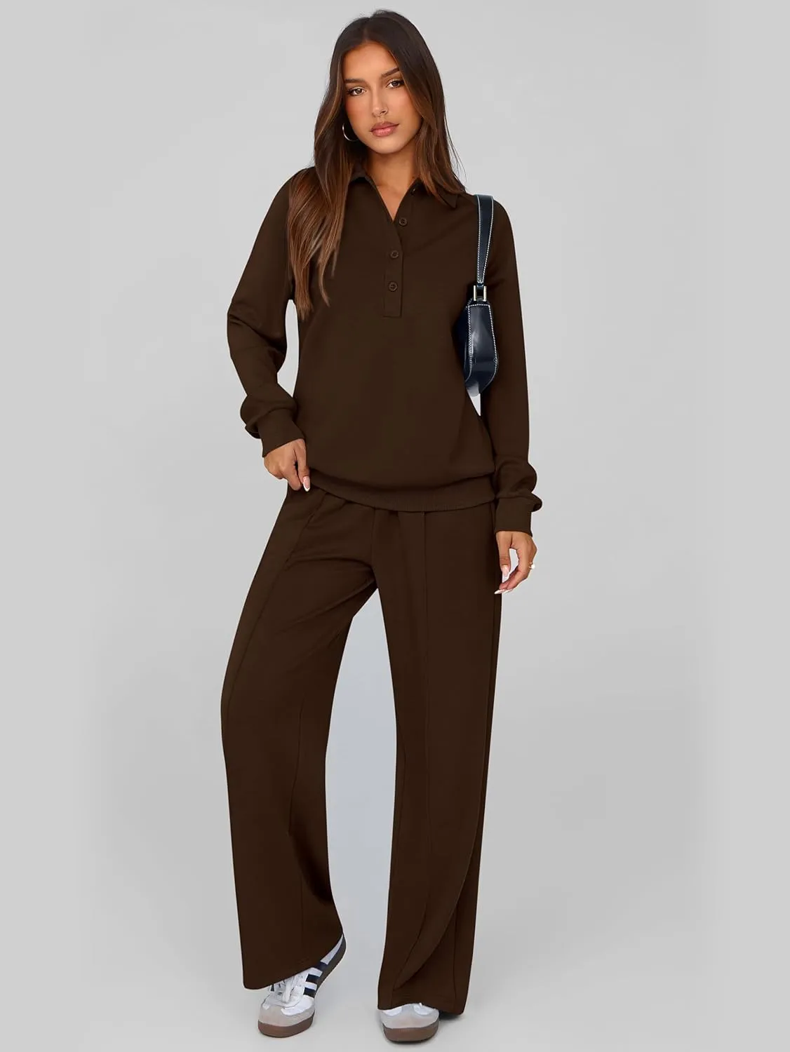 PRETTYGARDEN Women Fall 2 Piece Outfits Sweatsuits Quarter Button Long Sleeve Sweatshirt Wide Leg Pants Tracksuit Lounge Sets