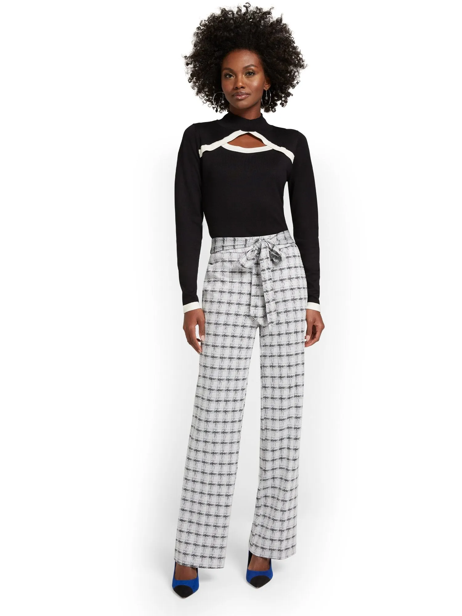 Pull-On Check-Print Tie-Waist Palazzo Ponte Pant - Superflex