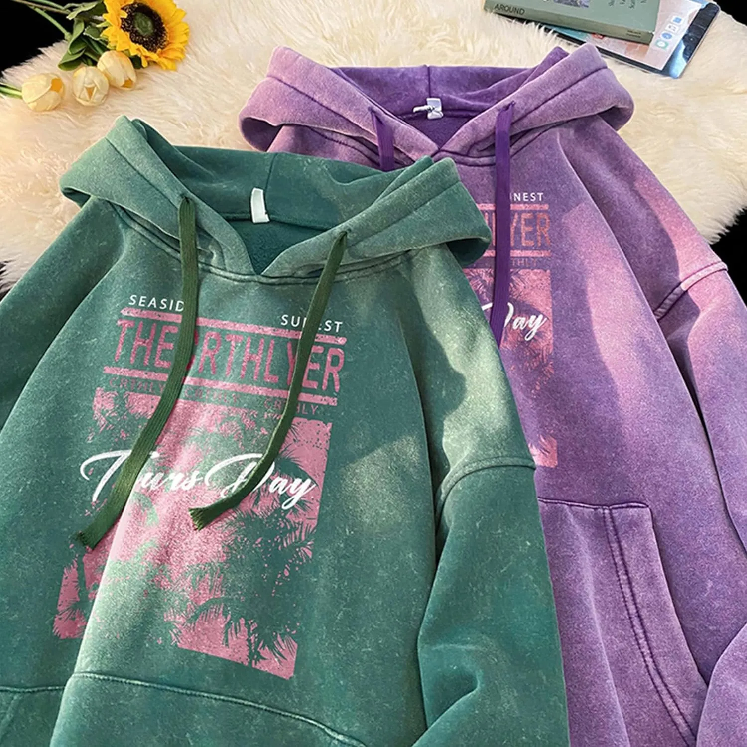 Retro Washed Hoodies Mens Distressed Hoodie Sweatshirt Graphic Heavyweight Pullover Sweatshirt