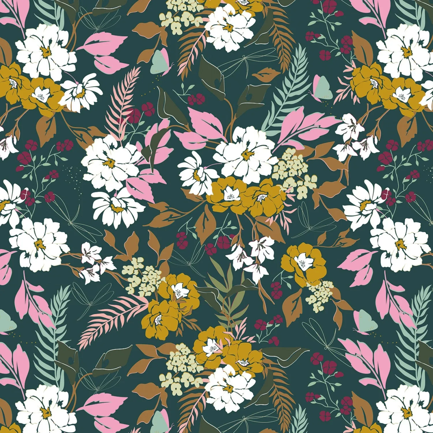 RILEY BLAKE CHALLIS RAYON Whimsical Freefly Pine - SALE $21.00 p/m