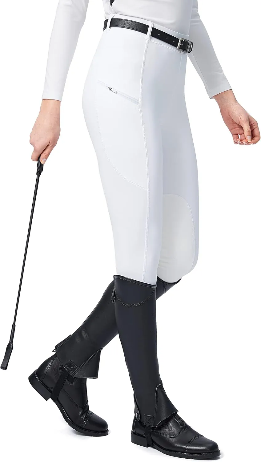 SANTINY Women's Horse Riding Pants with Zipper Pockets Knee-Patch Schooling Tights Equestrian Breeches for Women