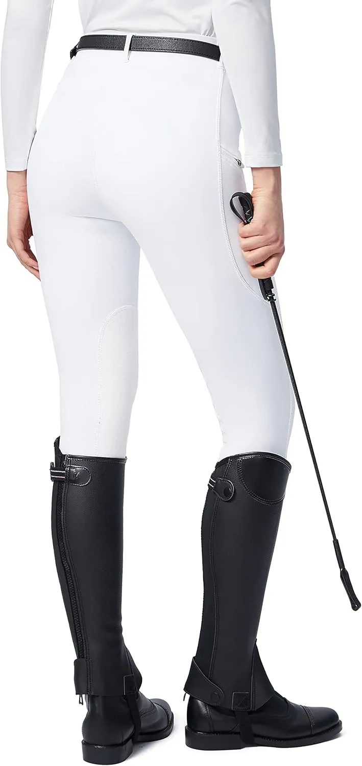 SANTINY Women's Horse Riding Pants with Zipper Pockets Knee-Patch Schooling Tights Equestrian Breeches for Women