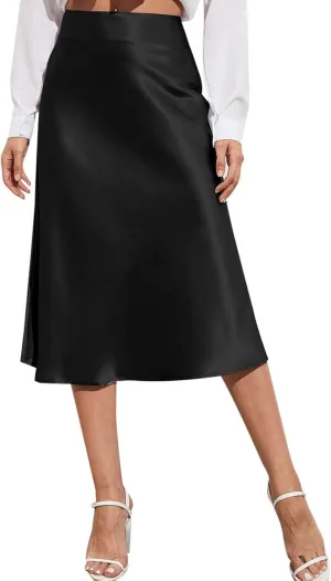Satin Skirts for Women High Waisted Elegant Midi Length Dress Skirt with Front Tie Detail and Flowy Silhouette