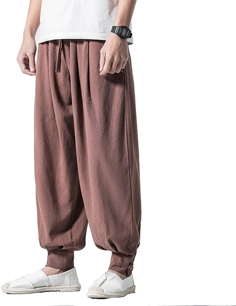Seidarise Men's Linen Harem Pants Casual Baggy Cotton Solid Color Loose Frog Button Elastic Waist Pocket