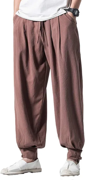 Seidarise Men's Linen Harem Pants Casual Baggy Cotton Solid Color Loose Frog Button Elastic Waist Pocket