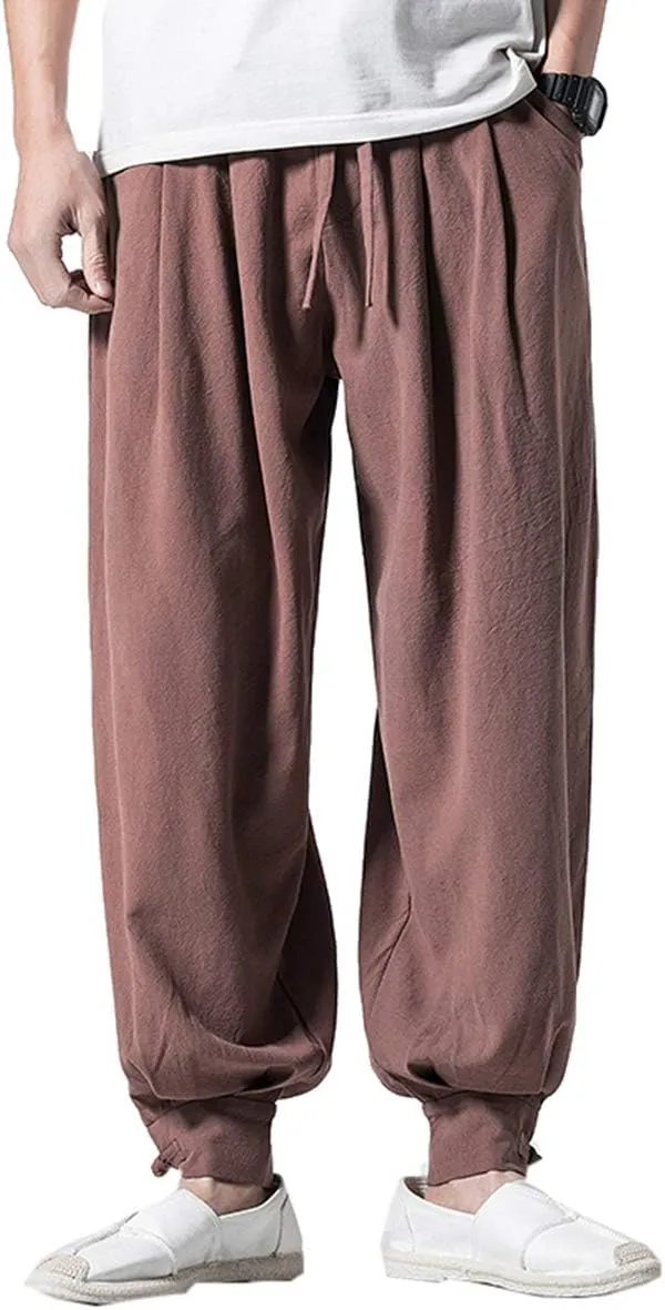 Seidarise Men's Linen Harem Pants Casual Baggy Cotton Solid Color Loose Frog Button Elastic Waist Pocket