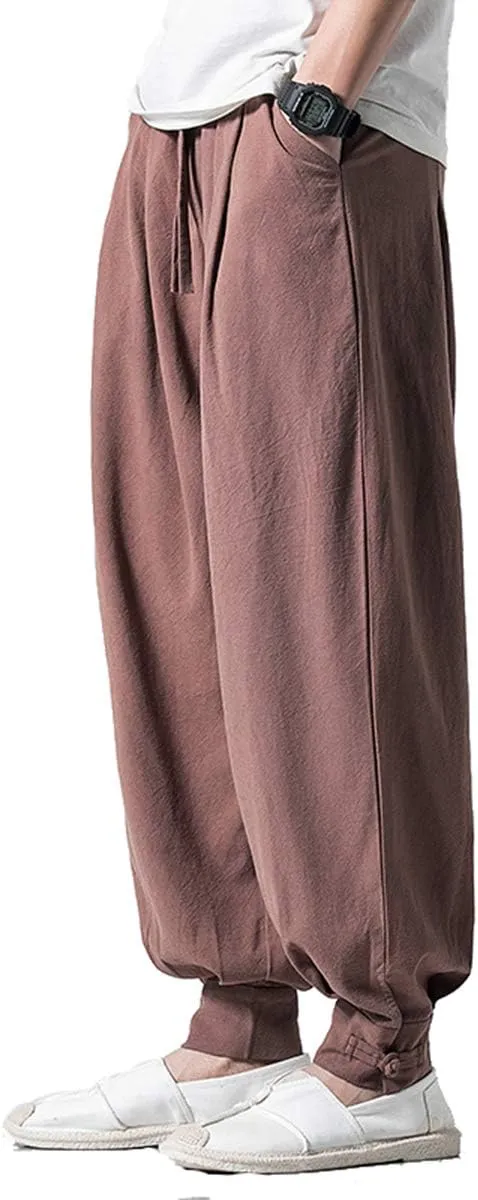 Seidarise Men's Linen Harem Pants Casual Baggy Cotton Solid Color Loose Frog Button Elastic Waist Pocket