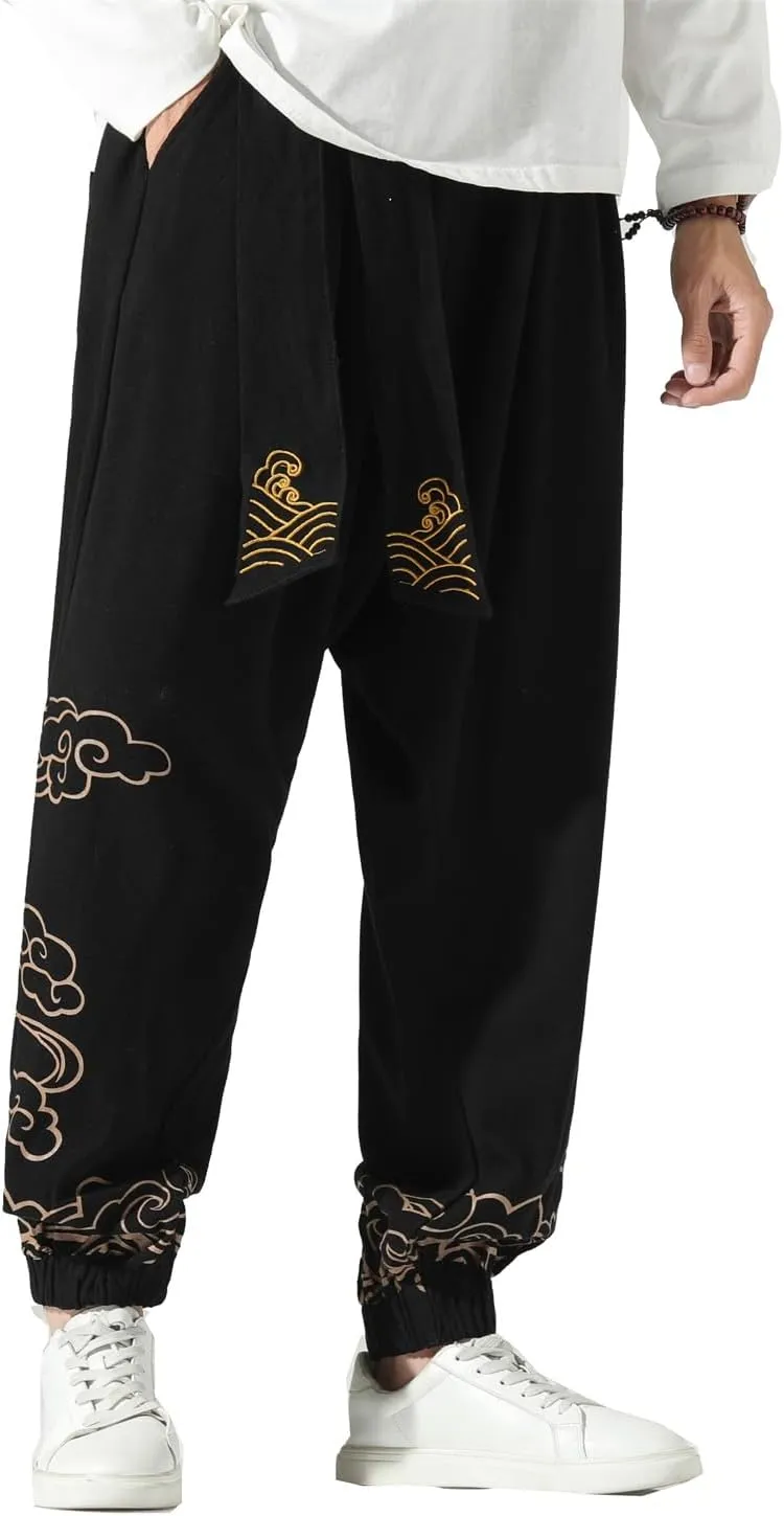 Seidarise Men's Linen Pant Japanese Hip Hop Sweatpants Harem Pants Sports Harem Baggy Wide Leg Cotton