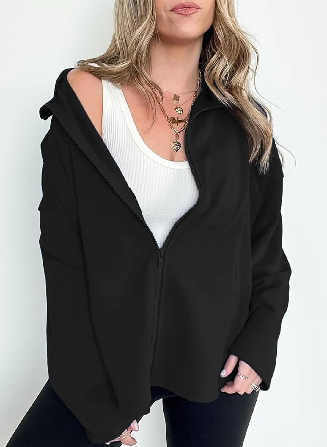 SHEWIN Womens Zip Up Sweatshirt Long Sleeve Oversized Sweatshirts With Pockets Fall Outfit Clothes 2024