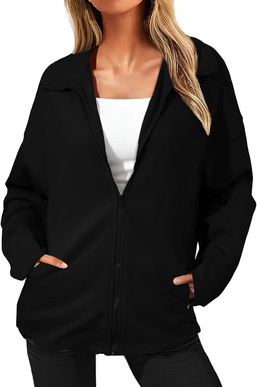 SHEWIN Womens Zip Up Sweatshirt Long Sleeve Oversized Sweatshirts With Pockets Fall Outfit Clothes 2024