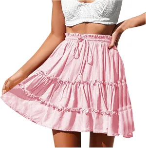 Skirts for Women 2025 Boho Summer A-Line Pleated Skirt Casual Elastic High Waist Tiered Ruffle Flowy Cute Mini Skirt