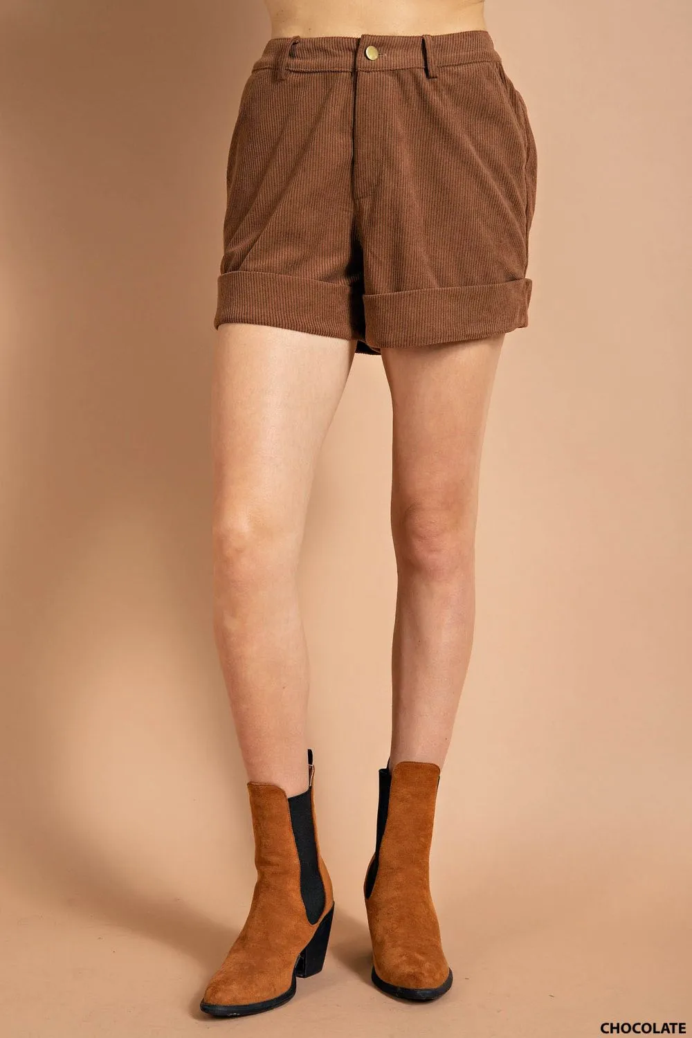 SOFT CORDUROY ELASTIC BACK WAIST CUFF LEG SHORTS