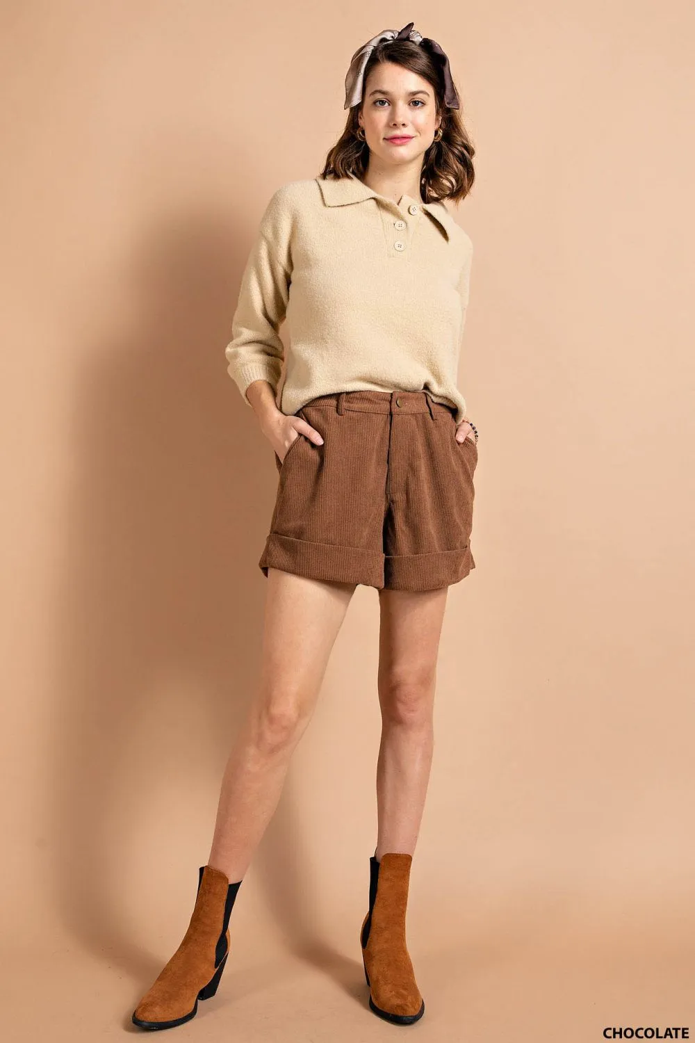 SOFT CORDUROY ELASTIC BACK WAIST CUFF LEG SHORTS