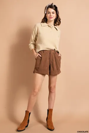 SOFT CORDUROY ELASTIC BACK WAIST CUFF LEG SHORTS