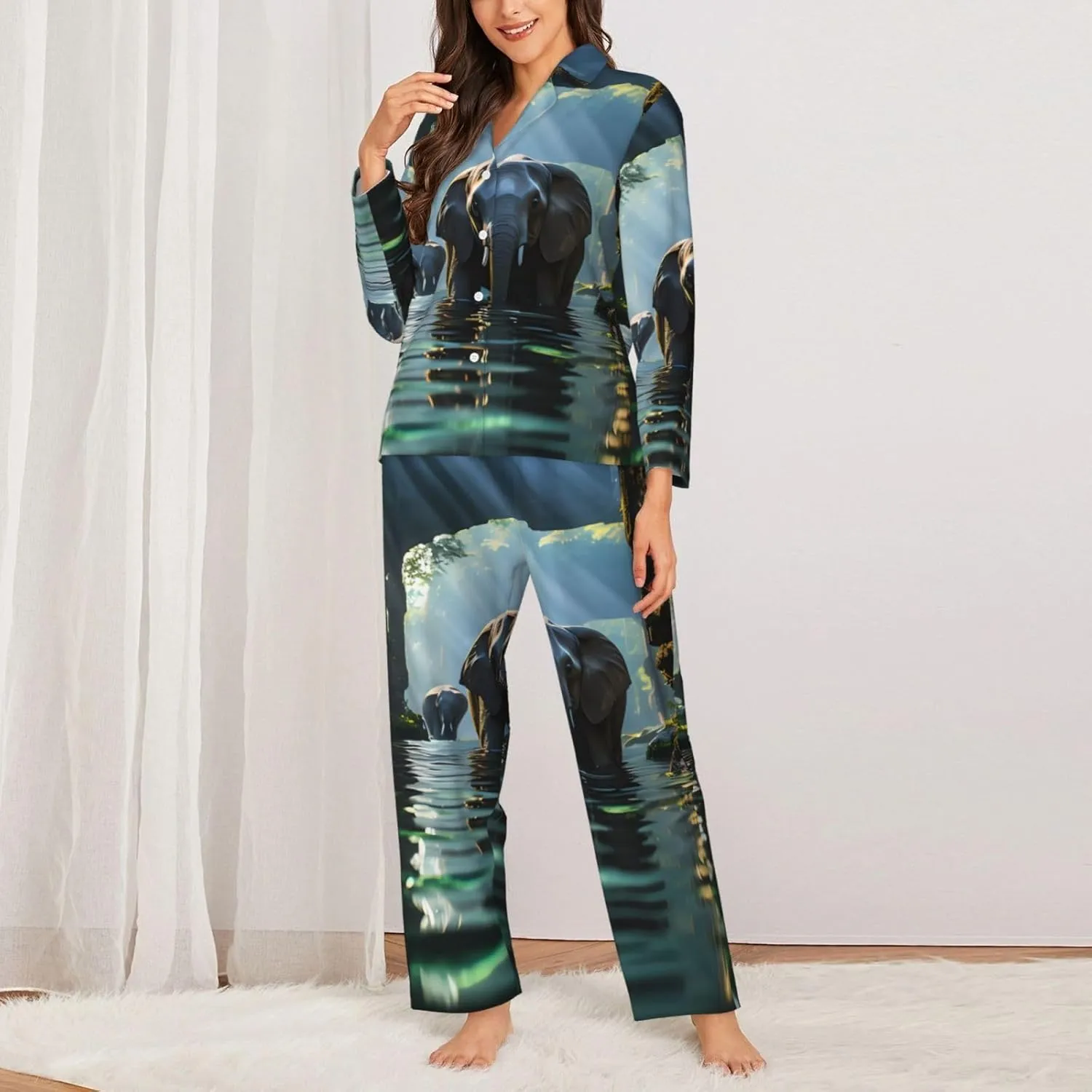 Soft Women's Pajama Set Long Sleeve - Asian elephant in the water Print Cozy Sleepwear Loungewear Pjs, for Relaxing at Home