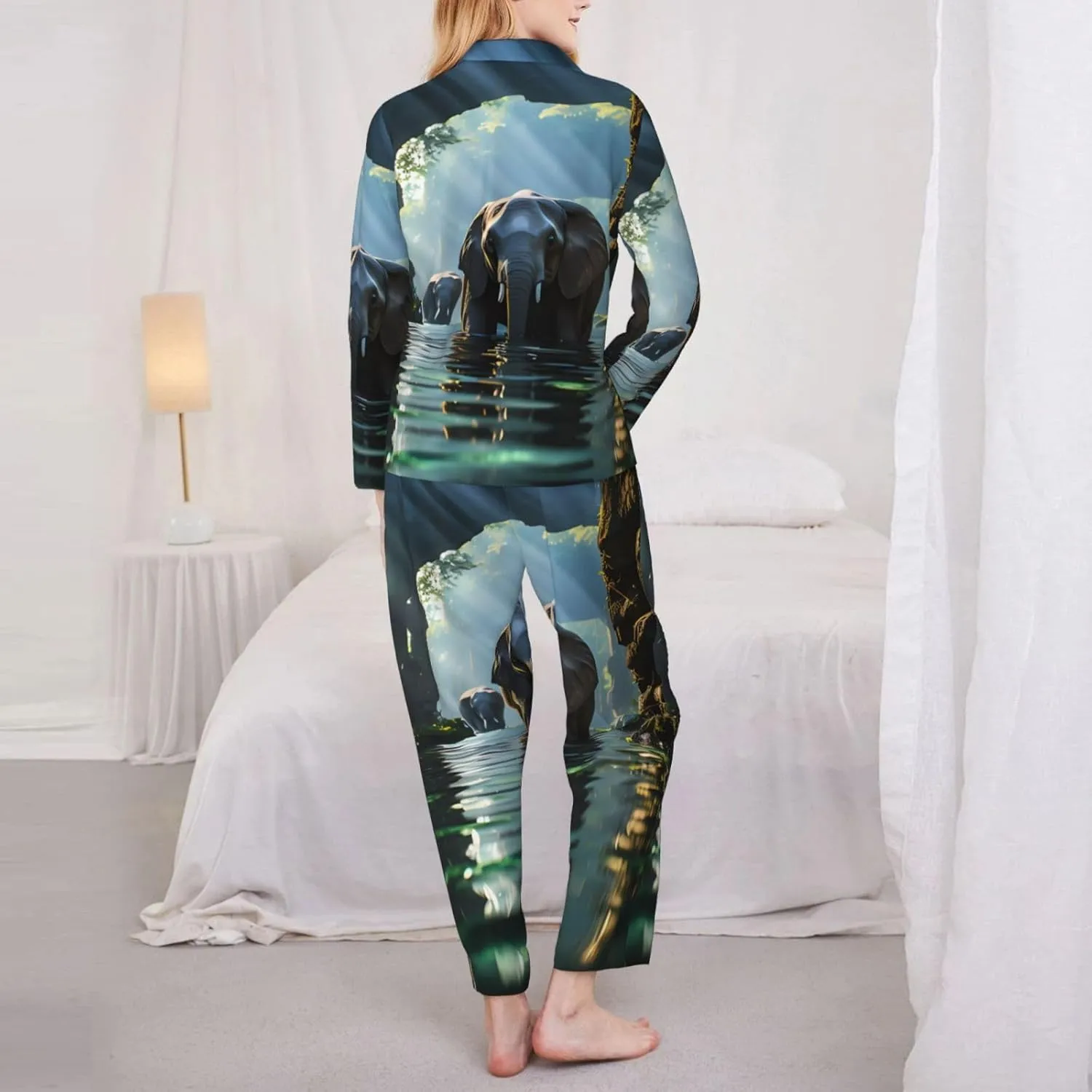 Soft Women's Pajama Set Long Sleeve - Asian elephant in the water Print Cozy Sleepwear Loungewear Pjs, for Relaxing at Home