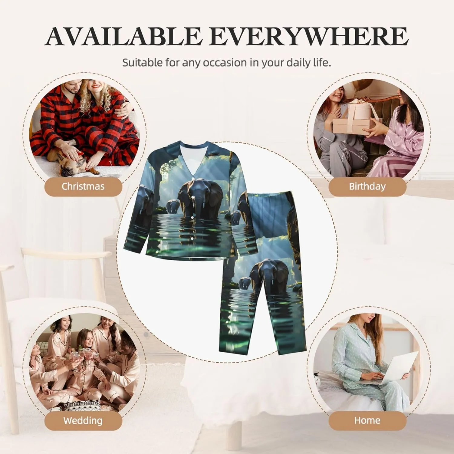 Soft Women's Pajama Set Long Sleeve - Asian elephant in the water Print Cozy Sleepwear Loungewear Pjs, for Relaxing at Home