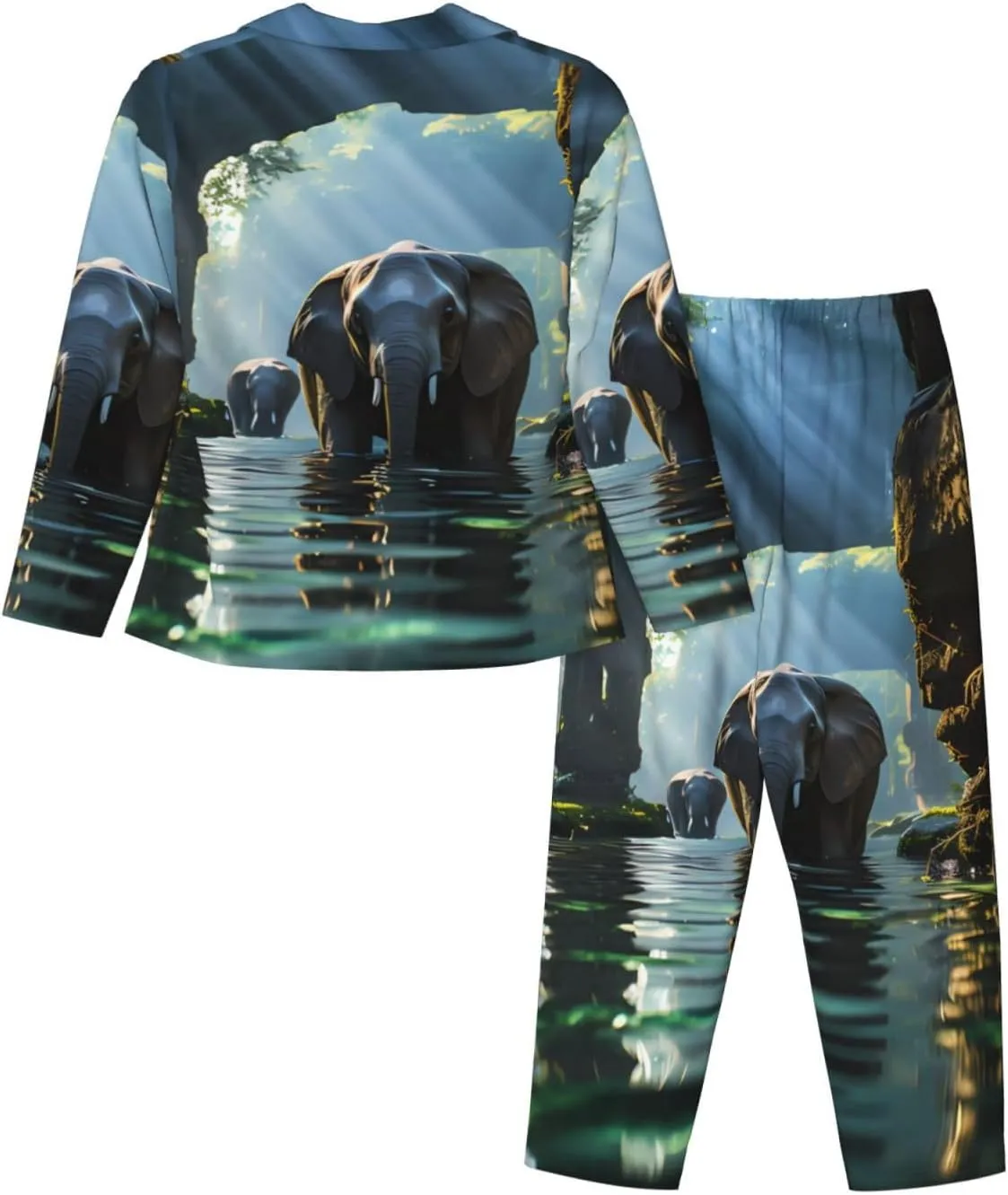 Soft Women's Pajama Set Long Sleeve - Asian elephant in the water Print Cozy Sleepwear Loungewear Pjs, for Relaxing at Home
