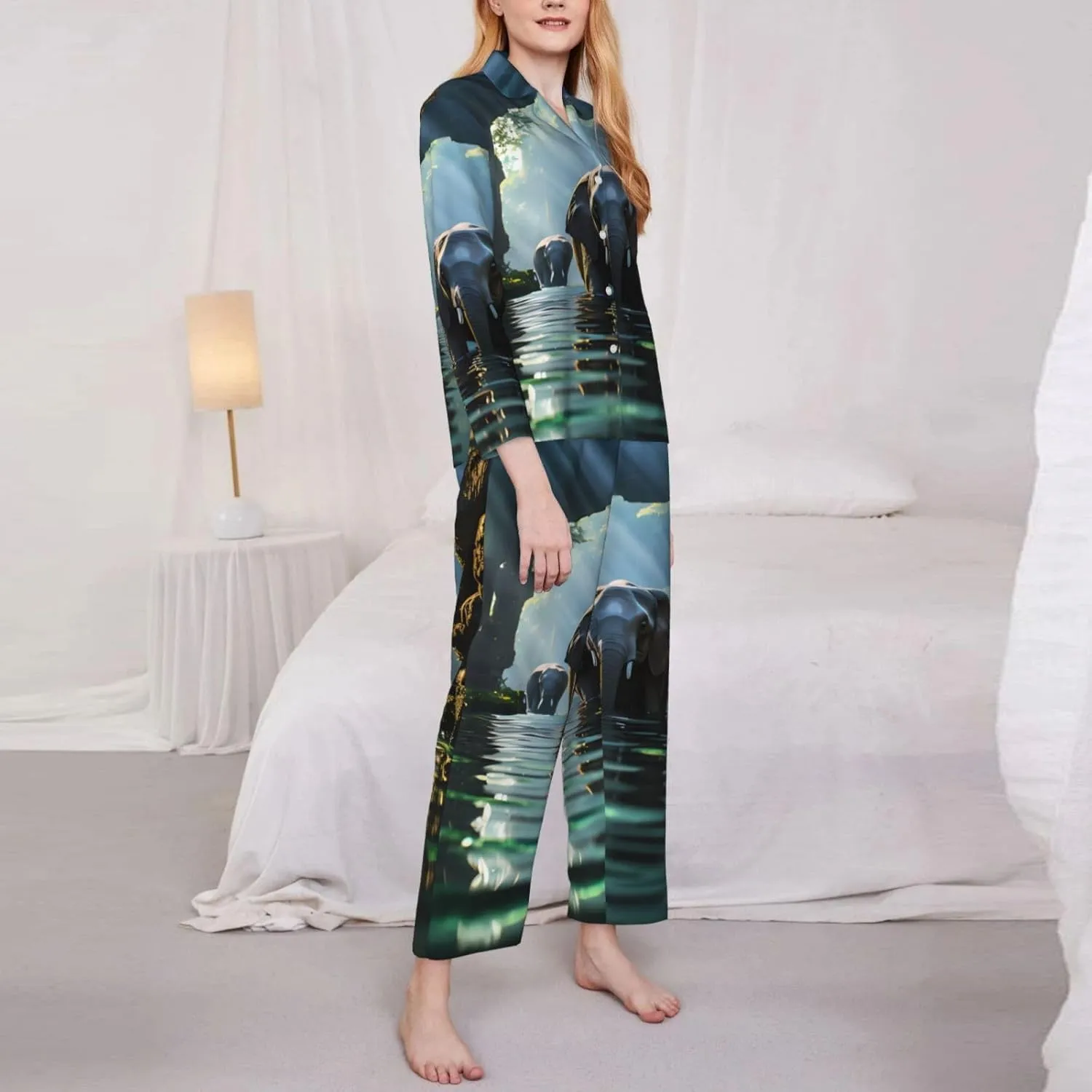 Soft Women's Pajama Set Long Sleeve - Asian elephant in the water Print Cozy Sleepwear Loungewear Pjs, for Relaxing at Home