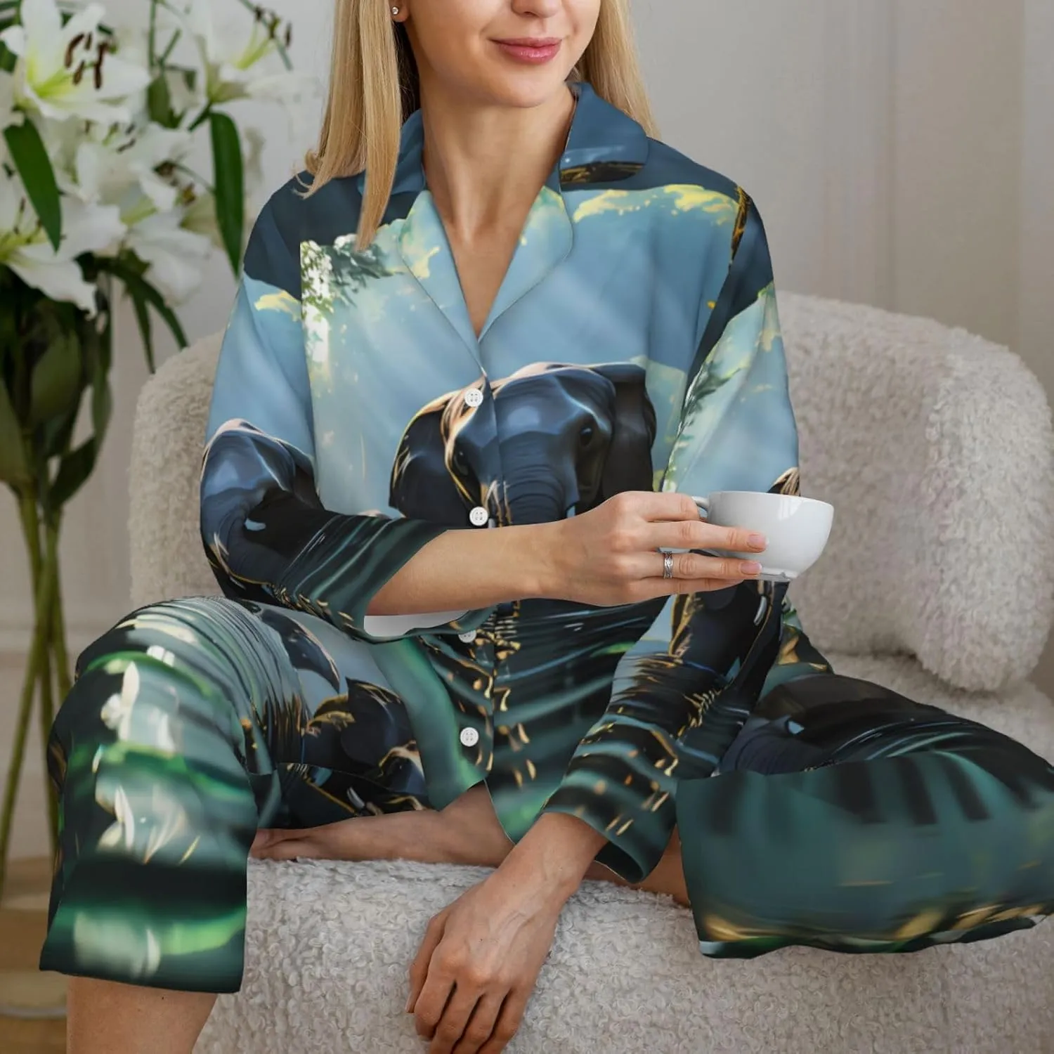 Soft Women's Pajama Set Long Sleeve - Asian elephant in the water Print Cozy Sleepwear Loungewear Pjs, for Relaxing at Home