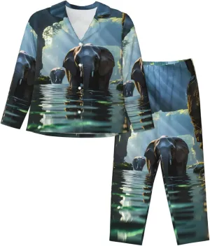 Soft Women's Pajama Set Long Sleeve - Asian elephant in the water Print Cozy Sleepwear Loungewear Pjs, for Relaxing at Home