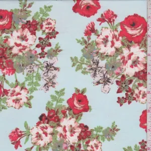 Spa Blue Multi Floral Bouquet Georgette Fabric