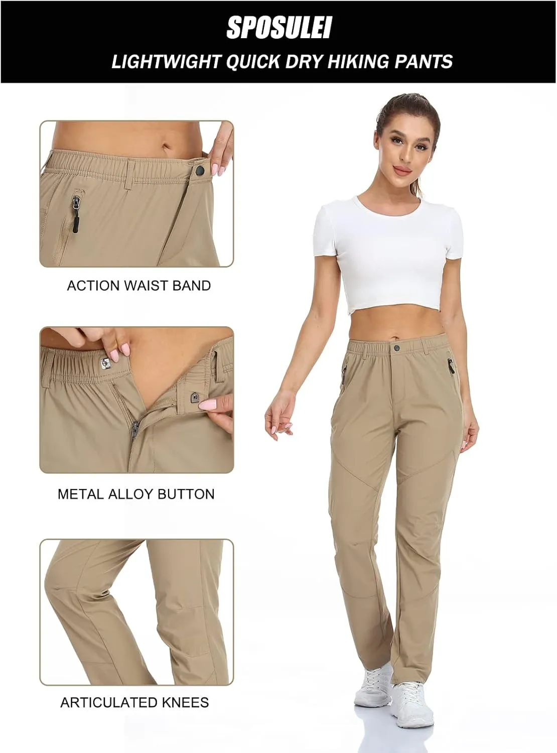 SPOSULEI Womens Summer Lightweight Pants Outdoor Nylon Quick Dry Travel Golf Hiking Sweatpants with Zipper Pockets