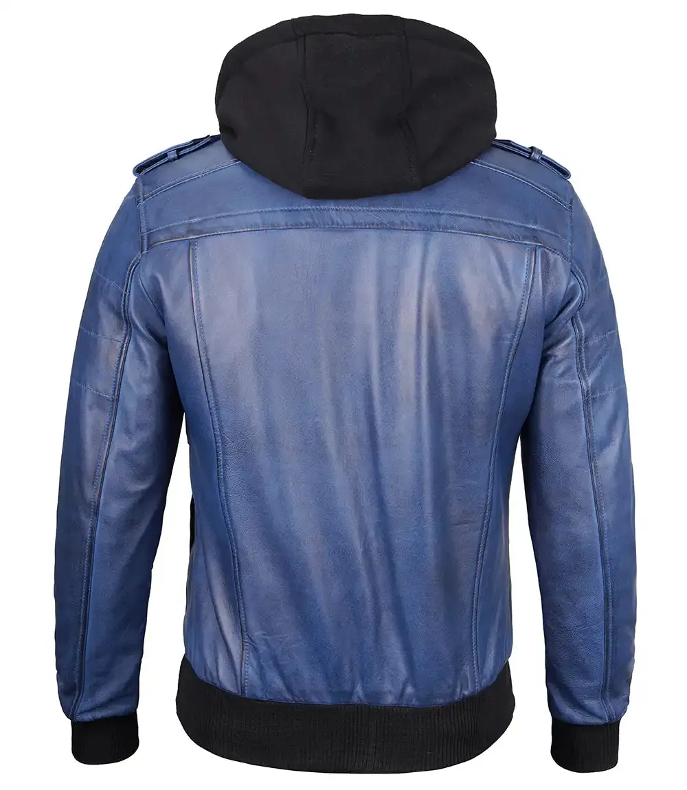 Stylish Mens Blue Leather Jacket with Removable Hood