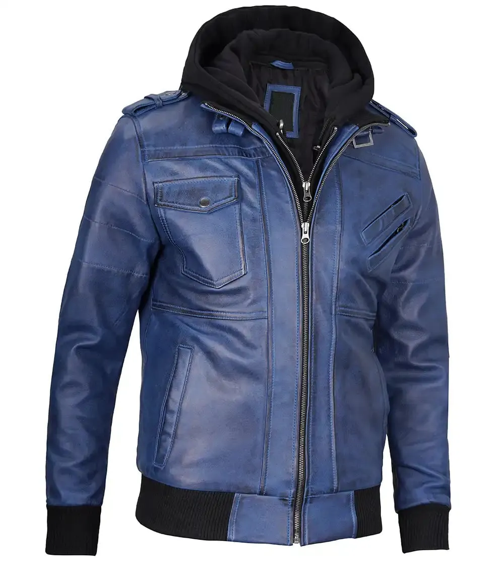 Stylish Mens Blue Leather Jacket with Removable Hood