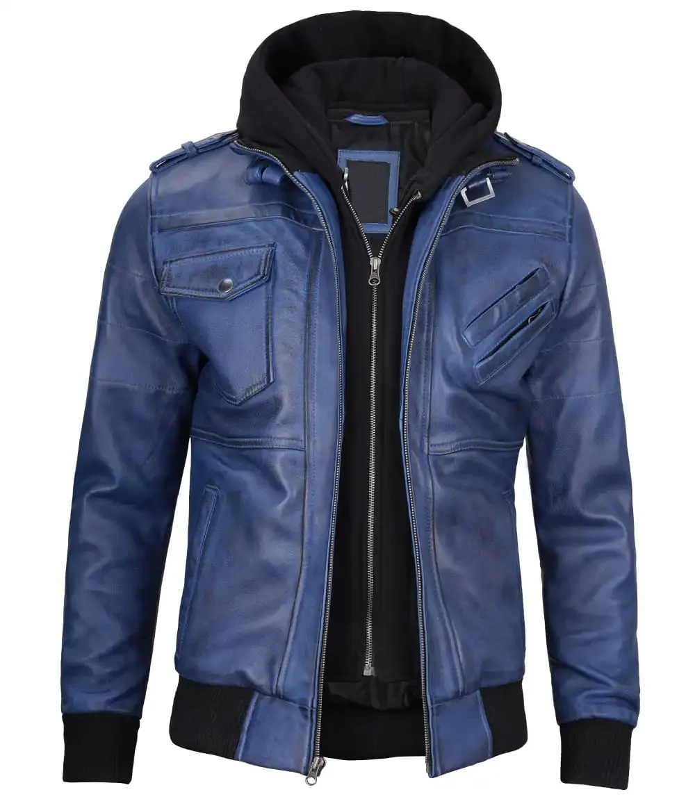 Stylish Mens Blue Leather Jacket with Removable Hood